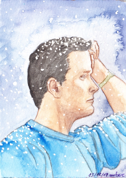 Fraser thoughtfully in profile, snowflakes falling